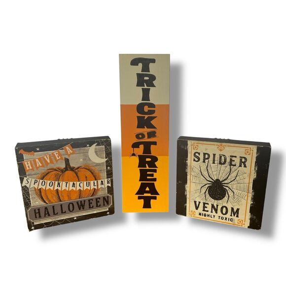 Halloween Decorations Wooden Signs Trick or Treat Tabletop Decor Lot of 3 - Picture 1 of 5